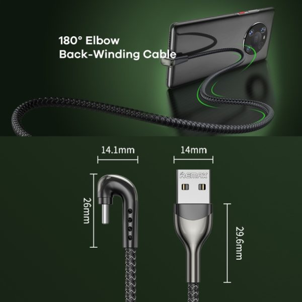 REMAX RC-177a Heymanba II 2.1A USB naar USB-C / Type-C 180 graden elleboog zinklegering gevlochten gaming-datakabel, kabellengte: 1m, RC-177a