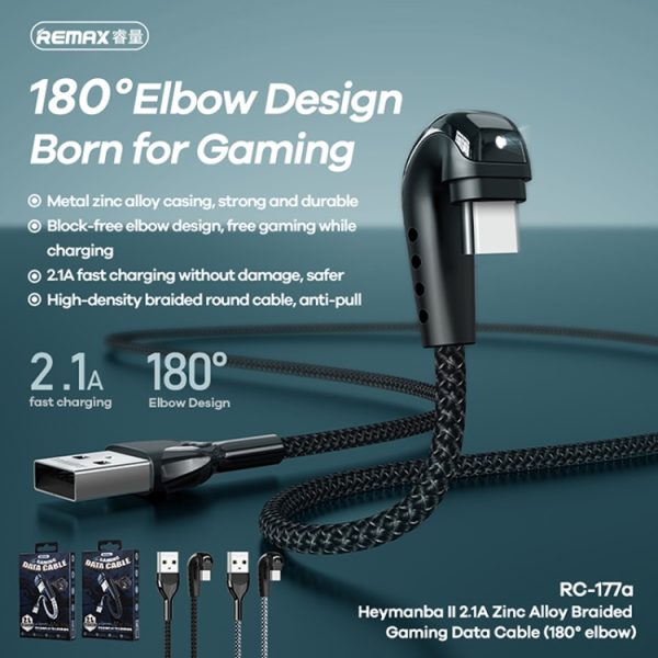 REMAX RC-177a Heymanba II 2.1A USB naar USB-C / Type-C 180 graden elleboog zinklegering gevlochten gaming-datakabel, kabellengte: 1m, RC-177a