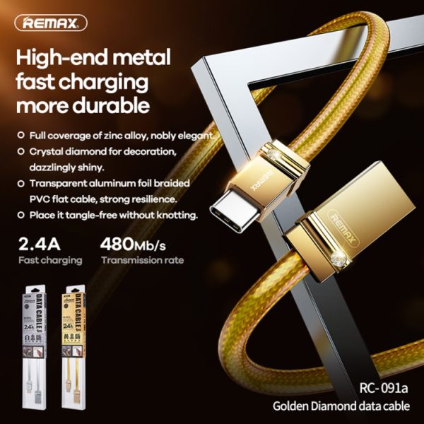 REMAX RC-091a 2.4A USB naar USB-C / Type-C Golden Diamond datasynchronisatie-oplaadkabel, kabellengte: 1m, RC-091a