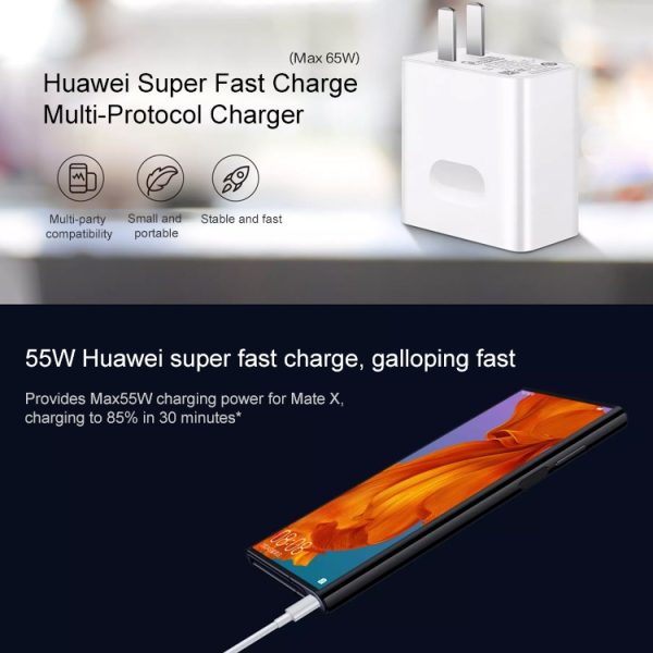 Originele Huawei USB-C / Type-C Super Fast Charge multi-protocol oplader (max. 65W) met 1m 5A USB-C / Type-C naar USB-C / Type-C datakabel, US-stekker, with Type-C to Type-C Cable