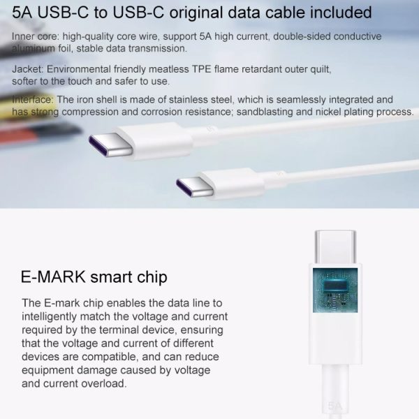Originele Huawei USB-C / Type-C Super Fast Charge multi-protocol oplader (max. 65W) met 1m 5A USB-C / Type-C naar USB-C / Type-C datakabel, US-stekker, with Type-C to Type-C Cable