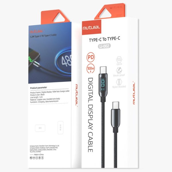 Mutural Li-CC002 1,2 m 100 W digitaal display USB-C / Type-C naar Type-C laadgegevenskabel