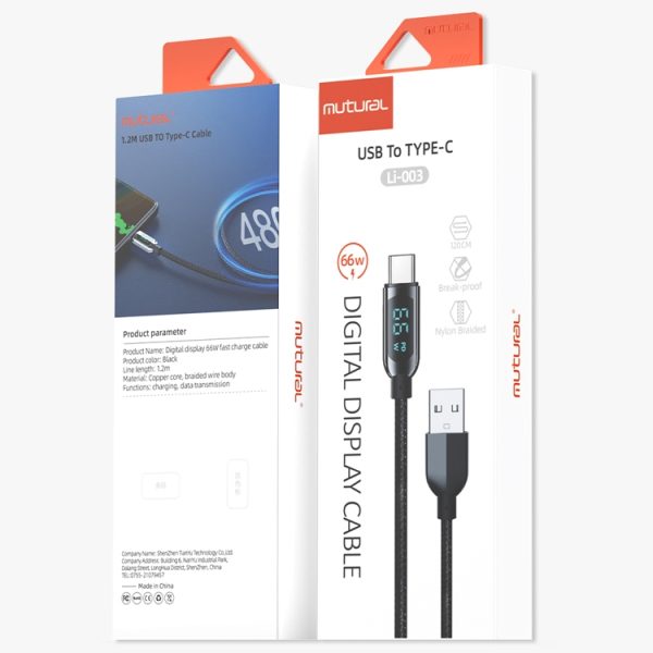 Mutural Li-CC003 1,2 m 66 W digitaal display USB naar Type-C oplaadgegevenskabel