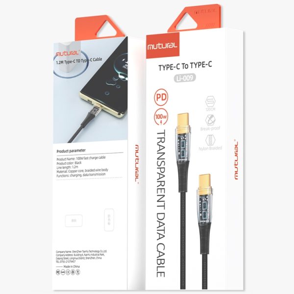 Mutural Li-CC009 1,2 m 100 W transparante USB-C / Type-C naar Type-C oplaadgegevenskabel