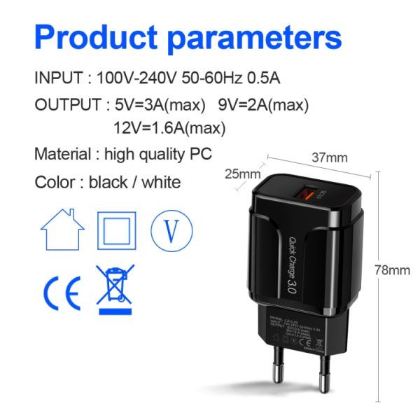 Draagbare QC3.0 18W USB-poort Universele snellader, EU-stekker, EU Plug