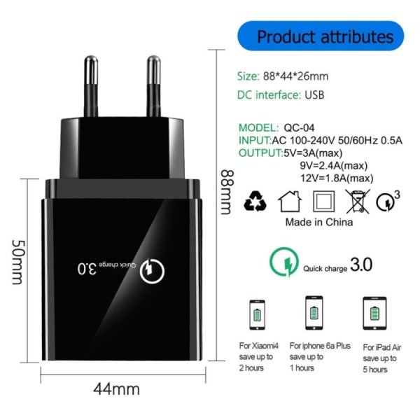 2 in 1 USB naar USB-C / Type-C datakabel + 30W QC 3.0 4 USB-interfaces Mobiele telefoon Tablet PC Universele snellader Reisopladerset, EU-stekker, USB-C / Type-C Set EU Plug