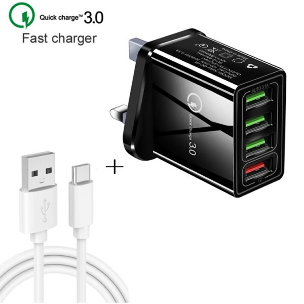 2 in 1 1m USB naar USB-C / Type-C datakabel + 30W QC 3.0 4 USB-interfaces Mobiele telefoon Tablet PC Universele snellader Reisopladerset, VK-stekker, USB-C / Type-C Set UK Plug