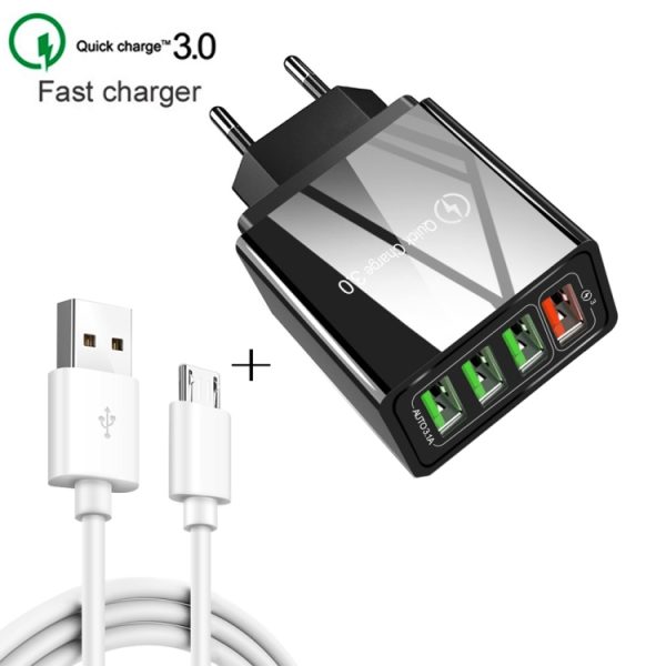 2 in 1 1m USB naar Micro USB datakabel + 30W QC 3.0 4 USB-interfaces Mobiele telefoon Tablet PC Universele snellader Reisopladerset, EU-stekker, Micro USB Set EU Plug
