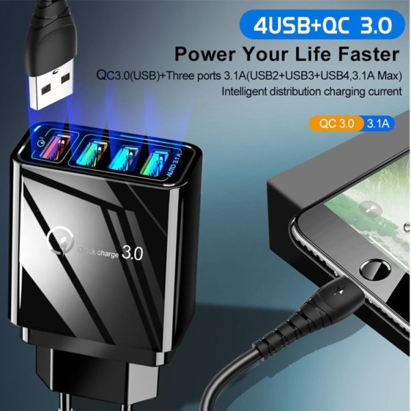 2 in 1 1m USB naar Micro USB datakabel + 30W QC 3.0 4 USB-interfaces Mobiele telefoon Tablet PC Universele snellader Reisopladerset, EU-stekker, Micro USB Set EU Plug