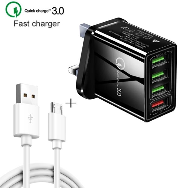 2 in 1 1 m USB naar Micro USB datakabel + 30 W QC 3.0 4 USB-interfaces Mobiele telefoon Tablet PC Universele snellader Reisopladerset, VK-stekker, Micro USB Set UK Plug