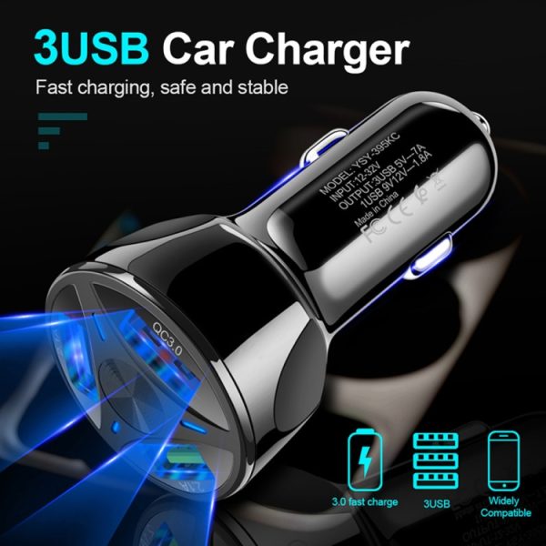 QC3.0 3 USB 35W krachtige voertuiglader / mobiele telefoon tablet universele voertuiglader