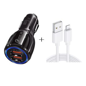 Qc3.0 dubbele USB-autolader + 8-pins snelle oplaadkabel autolaadset, 8 Pin (Black), 8 Pin (White)