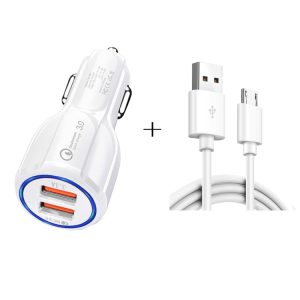 Qc3.0 dubbele USB-autolader + micro-USB-snellaadkabel Autolaadset, Micro USB (White), Micro USB (Black)