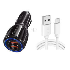 Qc3.0 Dual USB Car Charging + Type-C snellaadkabel Car Charging Kit, Type-C (Black), Type-C (White)
