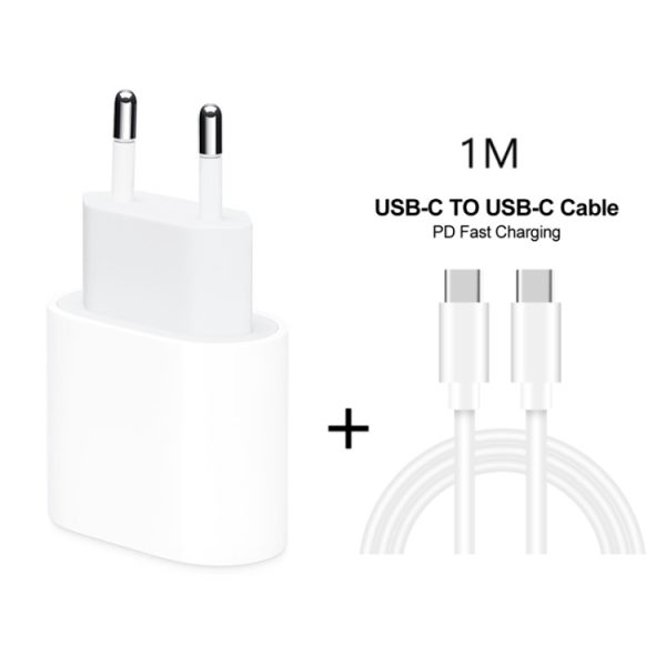 2-in-1 PD 20W enkele USB-C / Type-C-poort Reislader + 3A PD3.0 USB-C / Type-C naar USB-C / Type-C snellaaddatakabelset, kabellengte: 1m, EU-stekker
