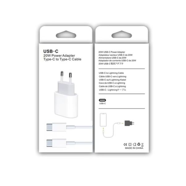 2-in-1 PD 20W enkele USB-C / Type-C-poort Reislader + 3A PD3.0 USB-C / Type-C naar USB-C / Type-C snellaaddatakabelset, kabellengte: 1m, EU-stekker