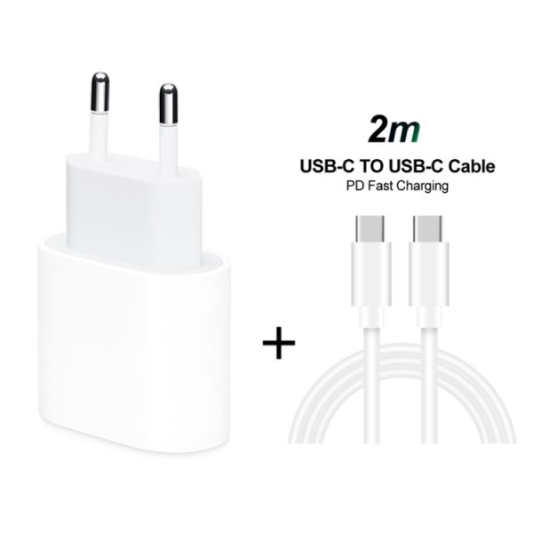 2-in-1 PD 20W enkele USB-C / Type-C-poort Reislader + 3A PD3.0 USB-C / Type-C naar USB-C / Type-C snellaaddatakabelset, kabellengte: 2m, EU-stekker