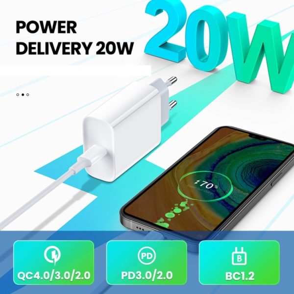 2-in-1 PD 20W enkele USB-C / Type-C-poort Reislader + 3A PD3.0 USB-C / Type-C naar USB-C / Type-C snellaaddatakabelset, kabellengte: 2m, EU-stekker