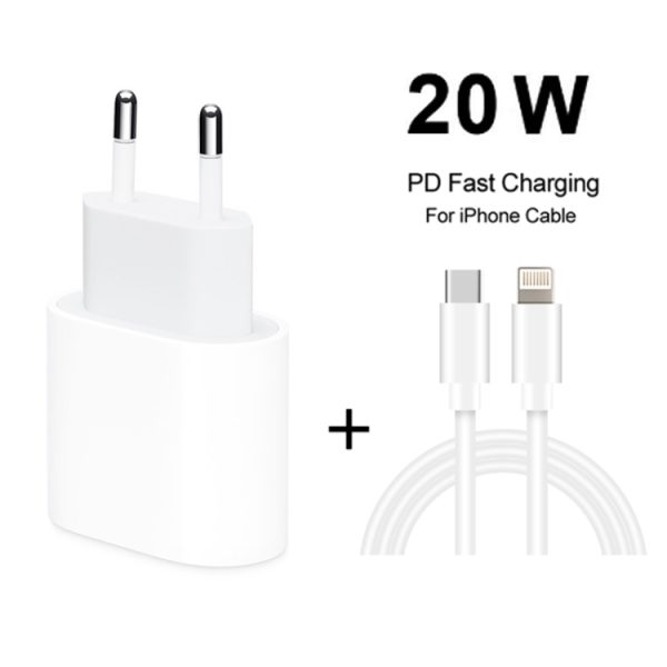 2-in-1 PD 20W enkele USB-C / Type-C-poort Reislader + 3A PD3.0 USB-C / Type-C naar 8-pins snellaaddatakabelset, kabellengte: 1m, EU-stekker