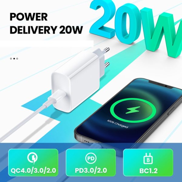 2-in-1 PD 20W enkele USB-C / Type-C-poort Reislader + 3A PD3.0 USB-C / Type-C naar 8-pins snellaaddatakabelset, kabellengte: 1m, EU-stekker