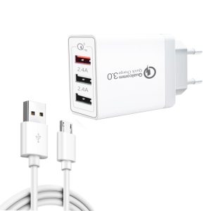SDC-30W 2-in-1 USB-naar-micro-USB-datakabel + 30W QC 3.0 USB + 2.4A dubbele USB 2.0-poorten Mobiele telefoon Tablet PC Universele snellader Reisladerset, EU-stekker