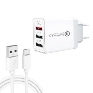 SDC-30W 2 in 1 USB naar USB-C / Type-C datakabel + 30W QC 3.0 USB + 2.4A dubbele USB 2.0-poorten Mobiele telefoon Tablet PC Universele snellader Reisladerset, EU-stekker