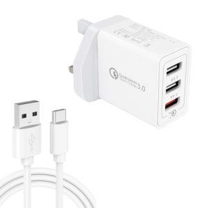 SDC-30W 2 in 1 USB naar USB-C / Type-C datakabel + 30W QC 3.0 USB + 2.4A dubbele USB 2.0-poorten Mobiele telefoon Tablet PC Universele snellader Reisladerset, VK-stekker