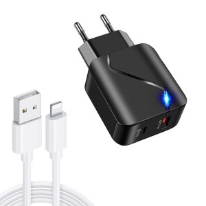 LZ-819A+C 18W QC3.0 USB + PD USB-C / Type-C-interface reislader met indicatielampje + USB naar 8-pins datakabelset voor snel opladen, EU-stekker, EU Plug