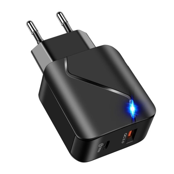 LZ-819A+C 18W QC3.0 USB + PD USB-C / Type-C-interface reislader met indicatielampje + USB naar 8-pins datakabelset voor snel opladen, EU-stekker, EU Plug