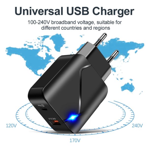 LZ-819A+C 18W QC3.0 USB + PD USB-C / Type-C-interface reislader met indicatielampje + USB naar 8-pins datakabelset voor snel opladen, EU-stekker, EU Plug