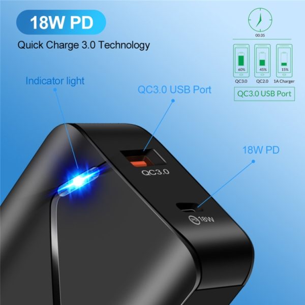 LZ-819A+C 18W QC3.0 USB + PD USB-C / Type-C-interface reislader met indicatielampje + USB naar 8-pins datakabelset voor snel opladen, EU-stekker, EU Plug
