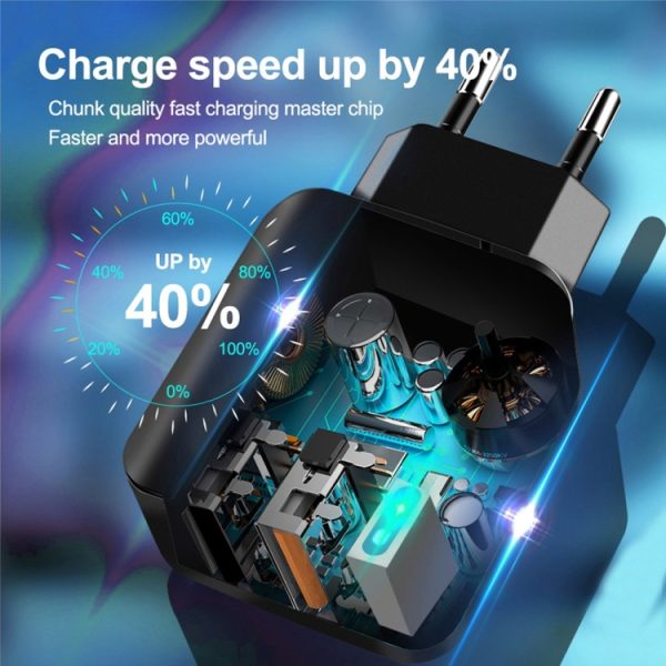 LZ-819A+C 18W QC3.0 USB + PD USB-C / Type-C-interface reislader met indicatielampje + USB naar 8-pins datakabelset voor snel opladen, EU-stekker, EU Plug