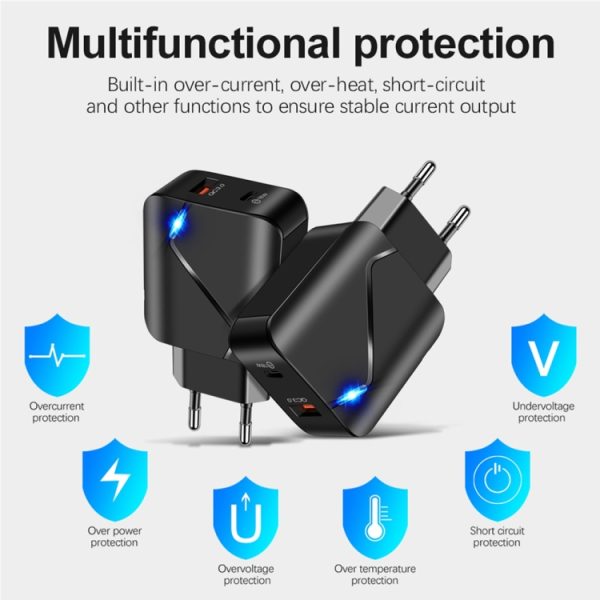 LZ-819A+C 18W QC3.0 USB + PD USB-C / Type-C-interface reislader met indicatielampje + USB naar 8-pins datakabelset voor snel opladen, EU-stekker, EU Plug