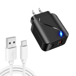 LZ-819A+C 18W QC3.0 USB + PD USB-C / Type-C Interface Reislader met Indicatielampje + USB naar USB-C / Type-C Datakabelset voor snel opladen, US-stekker, US Plug