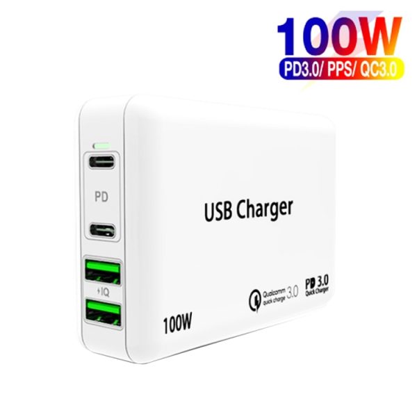 PD 100W dubbele USB-C / Type-C + dubbele USB 4-poorts oplader met voedingskabel voor Apple / Huawei / Samsung-laptop, EU Plug, US Plug, UK Plug