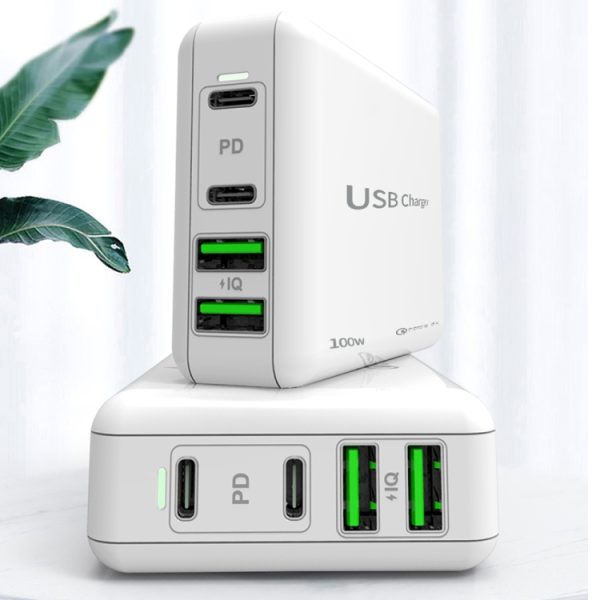 PD 100W dubbele USB-C / Type-C + dubbele USB 4-poorts oplader met voedingskabel voor Apple / Huawei / Samsung-laptop, EU Plug, US Plug, UK Plug