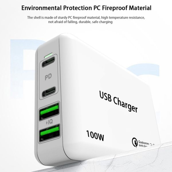PD 100W dubbele USB-C / Type-C + dubbele USB 4-poorts oplader met voedingskabel voor Apple / Huawei / Samsung-laptop, EU Plug, US Plug, UK Plug