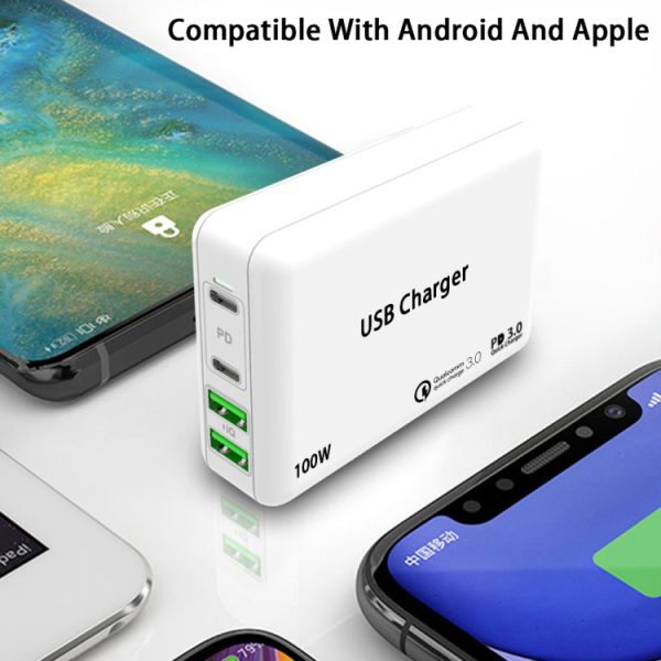 PD 100W dubbele USB-C / Type-C + dubbele USB 4-poorts oplader met voedingskabel voor Apple / Huawei / Samsung-laptop, EU Plug, US Plug, UK Plug