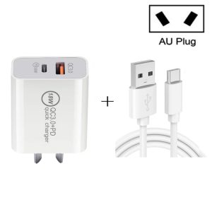 SDC-18W 18W PD 3.0 + QC 3.0 USB Dual Fast Charging Universele reislader met USB naar Type-C / USB-C snellaadgegevenskabel, AU-stekker
