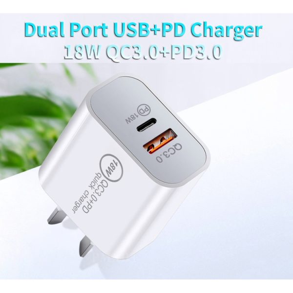 SDC-18W 18W PD 3.0 + QC 3.0 USB Dual Fast Charging Universele reislader met USB naar Type-C / USB-C snellaadgegevenskabel, AU-stekker