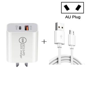 SDC-18W 18W PD + QC 3.0 USB Dual Fast Charging Universele reislader met USB naar Micro USB snellaadgegevenskabel, AU-stekker