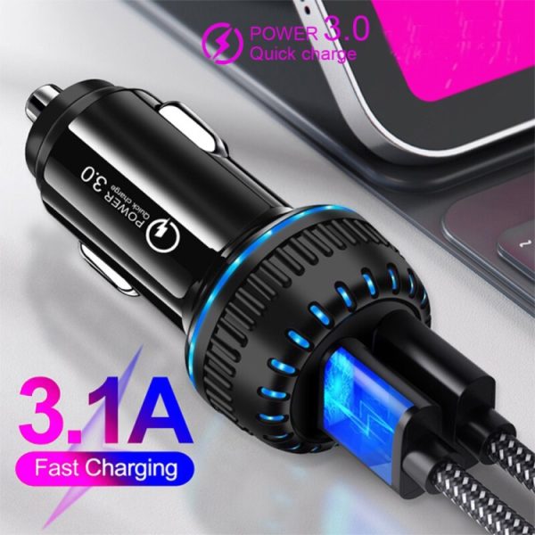 YSY-349 QC3.0 Dual USB-poort Autolader + 1m 3A USB naar Micro USB Datakabel, with Micro USB Cable