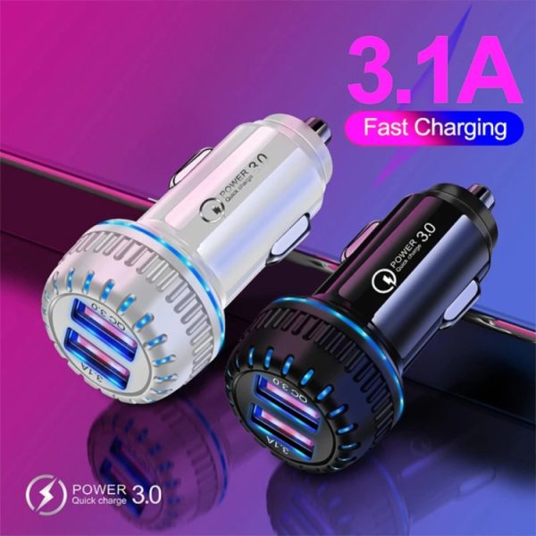 YSY-349 QC3.0 USB-autolader met dubbele poort + 3A USB naar 8-pins datakabel, lengte: 1m, with 8 Pin Cable