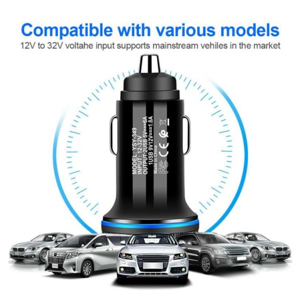 YSY-349 QC3.0 USB-autolader met dubbele poort + 3A USB naar USB-C / Type-C datakabel, lengte: 1m, with USB-C / Type-C Cable