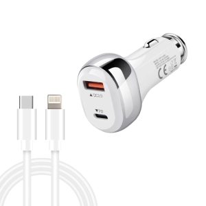 YSY-312PD QC3.0 18W USB + PD 20W USB-C / Type-C autolader met Type-C naar 8-pins datakabel, PD 20W with Type-C to 8 Pin Cable