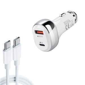 YSY-312PD QC3.0 18W USB + PD 20W USB-C / Type-C autolader met Type-C naar Type-C datakabel, PD 20W with Type-C to Type-C Cable