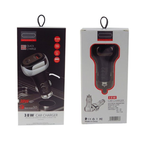 YSY-312PD QC3.0 18W USB + PD 20W USB-C / Type-C autolader met Type-C naar Type-C datakabel, PD 20W with Type-C to Type-C Cable