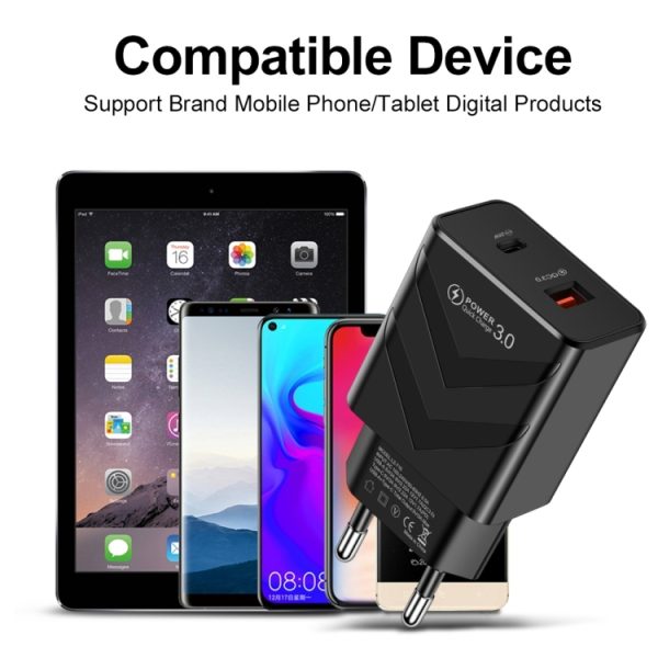 LZ-715 20W PD + QC 3.0 snellader met dubbele poort en USB naar type-C datakabel, EU-stekker, USB to Type-C Data Cable, EU Plug