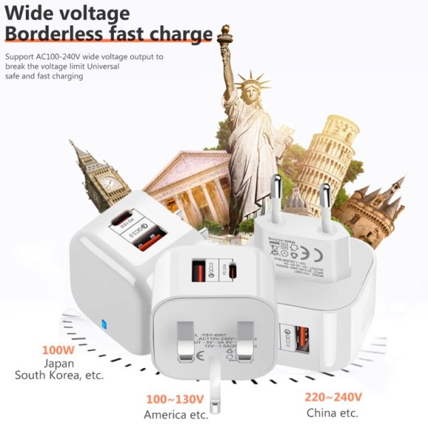 YSY-6087PD 20W PD3.0 + QC3.0 Dual Fast Charge reislader met Type-C naar Type-C datakabel, EU Plug, US Plug, UK Plug