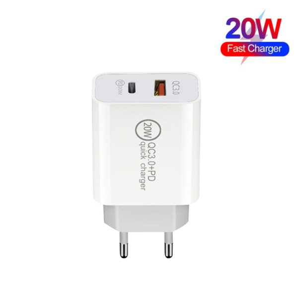 20 W PD Type-C + QC 3.0 USB-interface Snelladende reislader met USB naar Type-C snelladende datakabel, EU Plug, US Plug, AU Plug